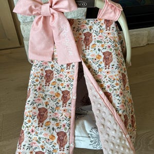 Baby Car Seat Cover for Girls - Highland COWS and Floral - All Cotton or Minky - Baby Girl - Shower Gift