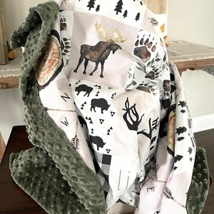 Cozy Minky Baby Blanket - Little Man Woodland Animal with Hunter Green Minky Baby Blanket - Baby Shower Gift