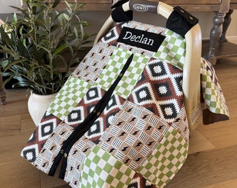 Baby Car Seat Canopy Cover - Custom Patchwork Aztec Lightning and Checker - Baby Boy - Baby Shower Gift Set