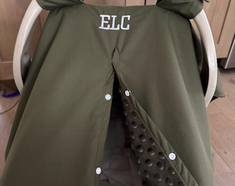 Baby Car Seat Cover - All Olive Green - Can Be Personalized -  baby boy or Girl Canopy Cover shower gift