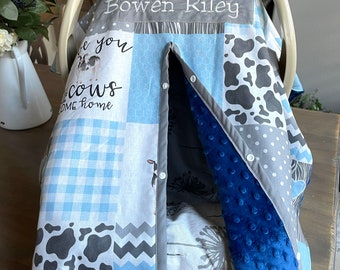 Cute Baby Car Seat Canopy Cover - Farm Life Patchwork Cows - All Cotton or Minky - Baby Boy - Shower Gift