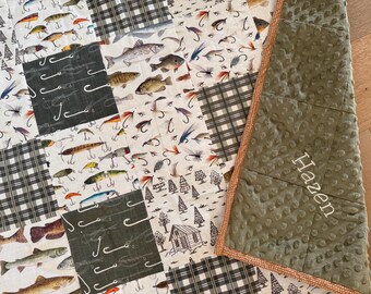 Fishing Whole Cloth Baby Quilt Blanket  - Baby Boy - Baby Shower Gift - Matching Carseat Cover Available