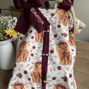 Baby Car Seat Cover for Girls - Highland COWS in Maroon - All Cotton or Minky - Baby Girl - Shower Gift