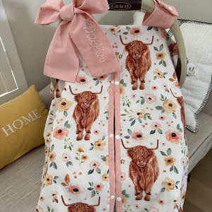Baby Car Seat Cover for Girls - Highland COWS and Floral - All Cotton or Minky - Baby Girl - Shower Gift