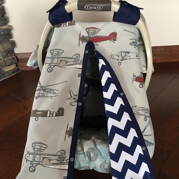 Baby Car Seat Cover - Vintage Airplane with Navy Chevron - All Cotton - Baby Boy - Canopy Cover - Shower Gift