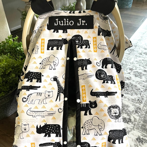 Baby Car seat Covers - Cotton - Zoo and Safari Animals - black and yellow - baby shower gift