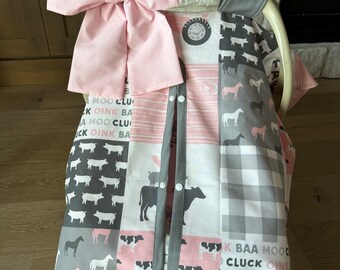 NEW, Baby Car Seat Canopy Cover - Farm Life Girl - Pink and Gray - All Cotton or Minky - Jumbo Bow Incl - Baby Girl - Shower Gift
