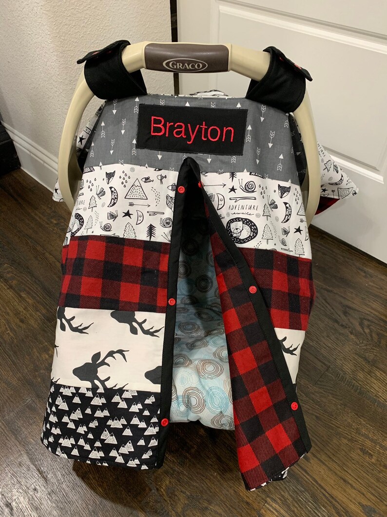 Baby Car Seat Canopy Strip Cotton Buffalo Plaid Trees Etsy