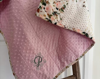 Whole Cloth Quilt - Pink Magnolia Floral Baby Blanket - Baby Girl Shower Gift