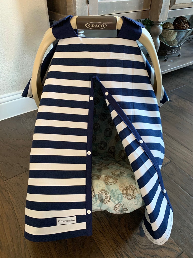 For baby Boy or Girl Bow option available Navy Blue Stripe and Navy trim Stripes Canopy Cover Baby Car Seat Cover