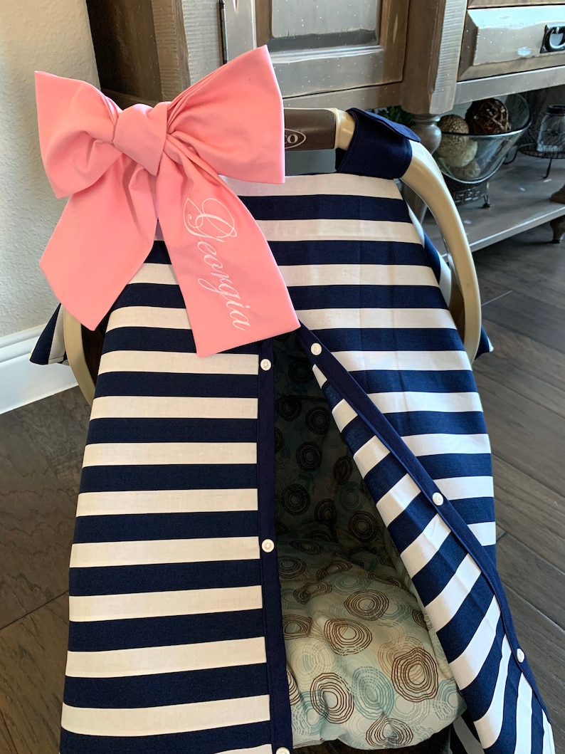 For baby Boy or Girl Bow option available Navy Blue Stripe and Navy trim Stripes Canopy Cover Baby Car Seat Cover