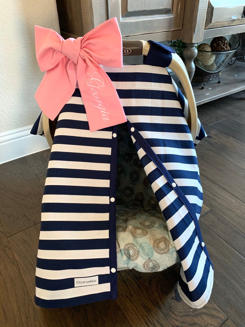 For baby Boy or Girl Bow option available Navy Blue Stripe and Navy trim Stripes Canopy Cover Baby Car Seat Cover