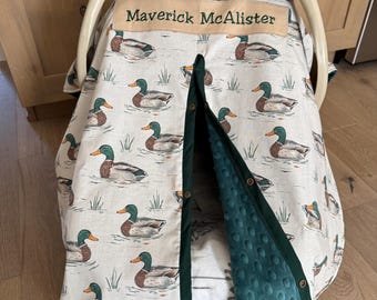 Baby Car Seat Canopy Cover - Mallard Ducks - All Cotton or Minky - Baby Boy - Shower Gift