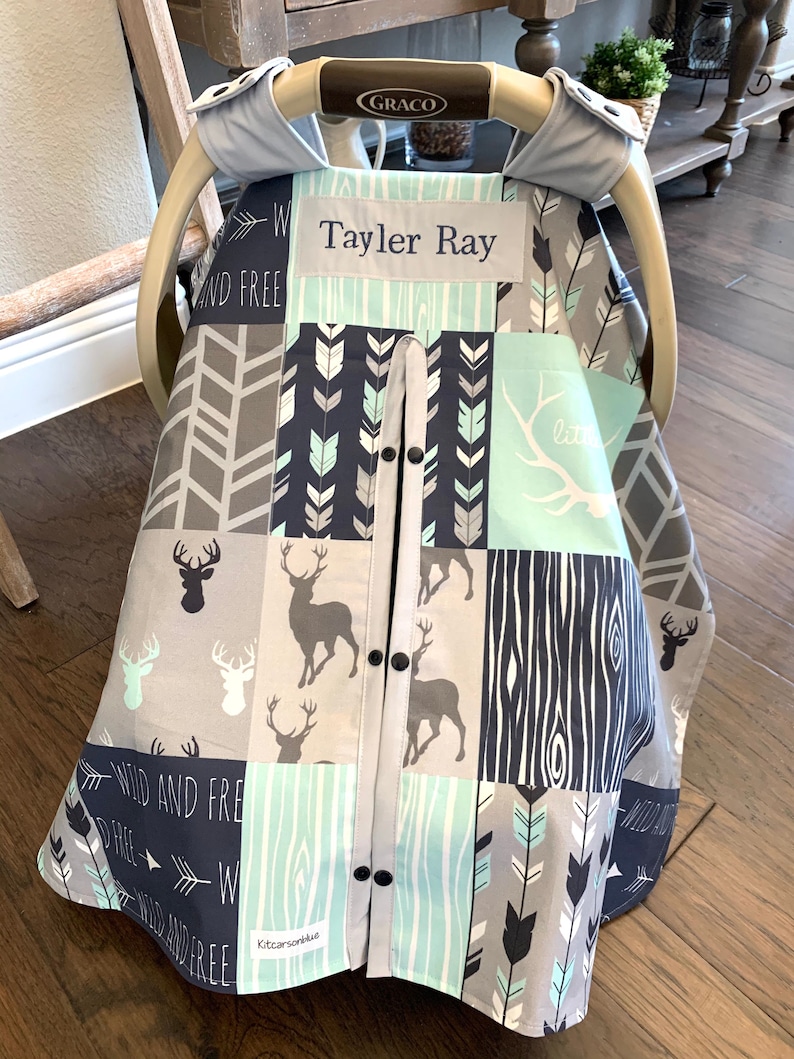 Cute Baby Car Seat Canopy Cover All Cotton or Minky Gray Shower Gift Navy Woodland Deer in Mint Baby Boy