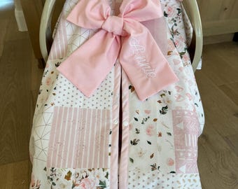 Baby Girl Car Seat Cover – Pink Magnolia Floral Patchwork, Cotton or Minky Lining