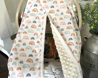 Rainbow Baby Car Seat Canopy Cover - gender neutral - All Cotton or Minky - Baby Shower Gift