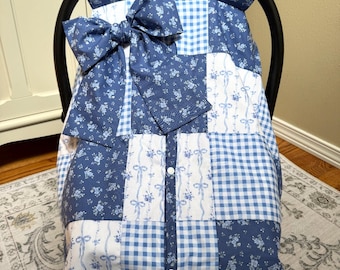 Baby Girl Carseat Cover - Patchwork Style with Blue Bows Gingham and Floral - Shower Gift