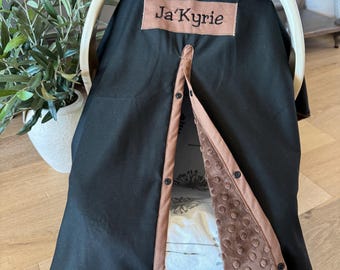 Baby Car Seat Cover - Black with brown - Cotton or minky lining - Baby Boy or Girl - Canopy Cover