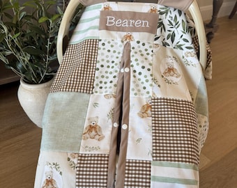 Baby Car Seat Canopy Cover - Patchwork Teddy Bear - All Cotton or Minky - Baby Boy - Shower Gift