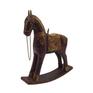 Vintage Handcrafted Made in India Brass Copper Mixed Metal Wooden 9&quot; Trojan Medieval Rocking Horse Figurine