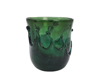 Vintage Handmade Emerald Green Abstract Wave Splatter Hand Blown Art Glass Vase Utensil Holder Planter