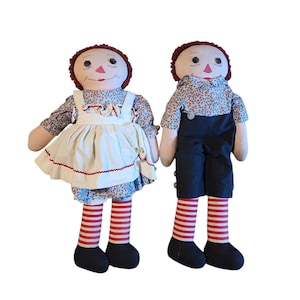 Paire de poupées vintage en peluche Raggedy Ann et Andy de 25 po. faites main