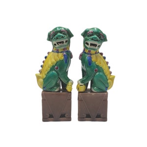 Antique 19th Century Oriental Chinese Famille Verte Porcelain Colorful Glazed 8" Foo Dog Lions Statues / Bookends