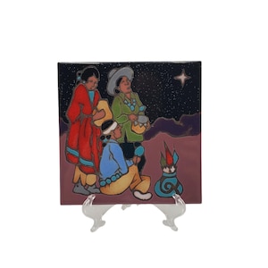 May include: Ceramic tile depicting three Native American figures in traditional clothing, playing musical instruments against a starry night sky background.