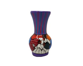 Vintage Colorful Handmade & Hand Painted Mexican Folk Art Wedding / Day of the Dead Red Clay 3.5" Decorative Bud Vase