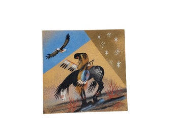 Vintage Handmade Native American on Horse Bowing Flying Eagle 8x8 Artist Signed Square Sand Painting