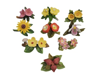Vintage Royal Cornwall RC Bisque Porcelain Set of 9 Botanical Flower Figurines Sunflower Iris Mushroom