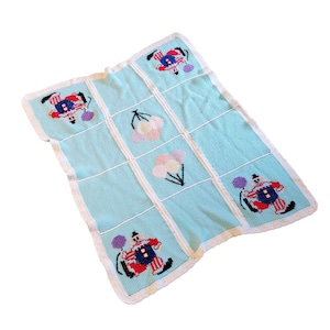 Vintage Handmade Blue and White Crocheted Circus Clown & Balloon 46x38 Afghan Baby Blanket