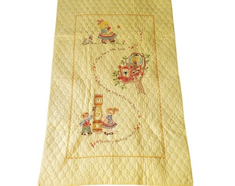 Vintage Yellow Unisex Hand Stitched / Hand Embroidered Nursery Rhyme Cross Stitch 55x35 Baby Blanket Nursery Decor