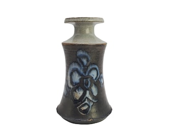 Vintage 1970s Ryan Signed Brown Blue Floral 6.5" Stoneware Art Pottery Vase