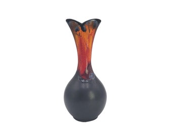 Vintage Haeger MCM Matte Black Red Orange Lava Drip Glaze 8.5" Long Neck Pottery Bulb Vase