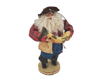 Vintage Paper Mache Fishing Outdoors Rustic Folk Art Santa Clause 12" Figurine Statue