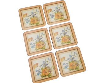 Vintage Set of 6 Pimpernel Made in England Peach Pastel Flower / Floral Botanical 4" Square Coasters with Original Box