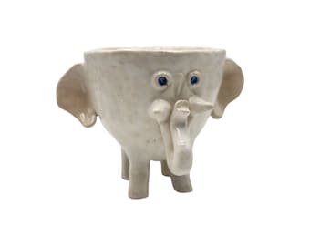 Vintage Handmade Unsigned 5" Standing Ceramic White Elephant Blue Eyes Art Pottery Planter Bowl