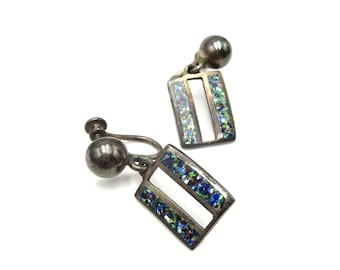 Pair of Vintage Sterling Silver Made in Mexico Multicolored Confetti Inlay Rectangular 1.25" Screwback Dangle Earrings