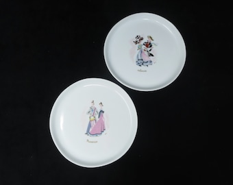 Pair of Vintage A. Vignaud Limoges France Provence and Alsace Illustrated Dancing Couple Circular Porcelain Trinket Trays / Dresser Trays