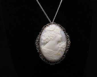 Vintage Art Nouveau / Victorian Style Sterling Silver Carved Oval Cameo Shell Woman Silhouette Filigree 20" Pendant Necklace