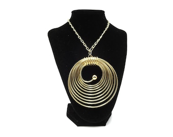 Vintage Gold Tone Metal Large Round Spiral 18" Statement Pendant Necklace