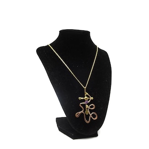 Vintage Handmade Artisan Brutalist Copper Brass Abstract Squiggle Purple Amethyst Chip 18&quot; Unisex Pendant Necklace