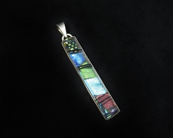 Vintage Mexico 925 Sterling Silver Long Rectangular Iridescent Dichroic Glass Unisex Pendant