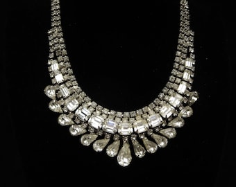 Vintage Silver Tone Clear Rhinestone Adjustable Princess 15.5" Collar Necklace Prom Homecoming Wedding