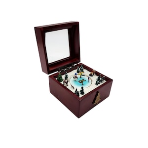 Vintage Mr. Christmas 2000s Square 4x4&quot; Mechanical Rotating Mini Ice Skating Rink People Snowman Music Box