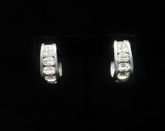 Vintage Vendome Designer Silver Tone Clear Rhinestone 1" Clip On Hoop Earrings