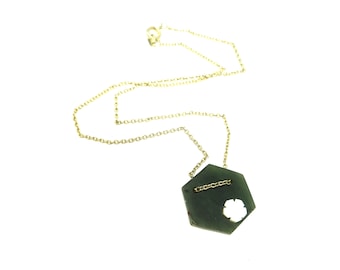 Vintage Hexagonal Jadeite Mother of Pearl MOP Snowflake Pendant Necklace