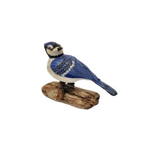 Vintage Handmade Carved Wood Hand Painted Blue Jay Blue Bird on Driftwood Figurine Wire Legs