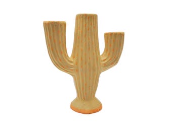 Vintage Southwestern Yellow Orange Painted Plaster / Chalkware 5.75" Desert Saguaro Cactus Planter Figurine